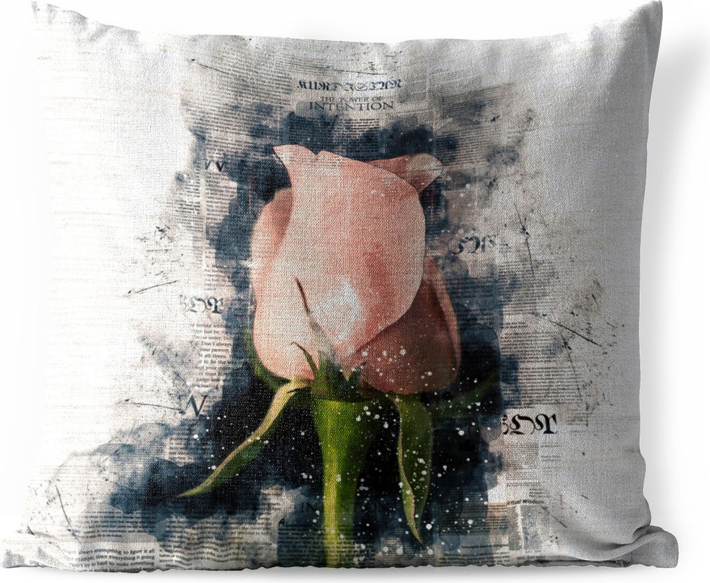 MuchoWow Outdoor Kissen - Rosen - Blumen - Rauch - Zeitungspapier - 40x40 cm - Wetterfest - Lounge Kissen - Kopfkissen - Interieur - Polster mit ...