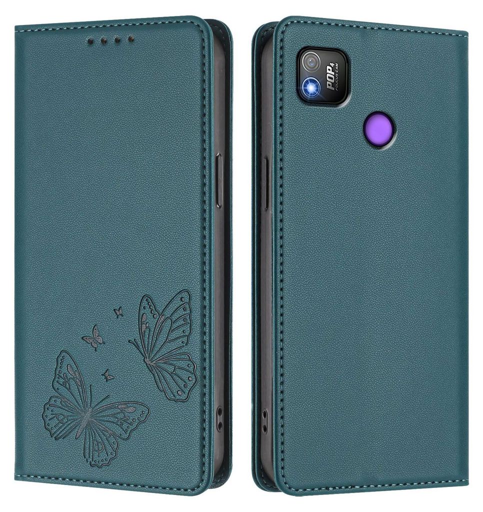 Lederhülle für Tecno Pop 4, Schmetterling Prägung Leder Brieftasche Schutzhülle mit Ständer Grün