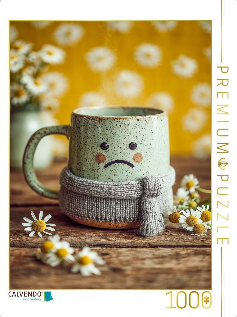 CALVENDO Puzzle Trauriger Kamillentee mit Schal - Warmes Wohlfühlmotiv mit Humor | 1000 Teile Lege-Größe 64x48cm Foto-Puzzle für glückliche St...