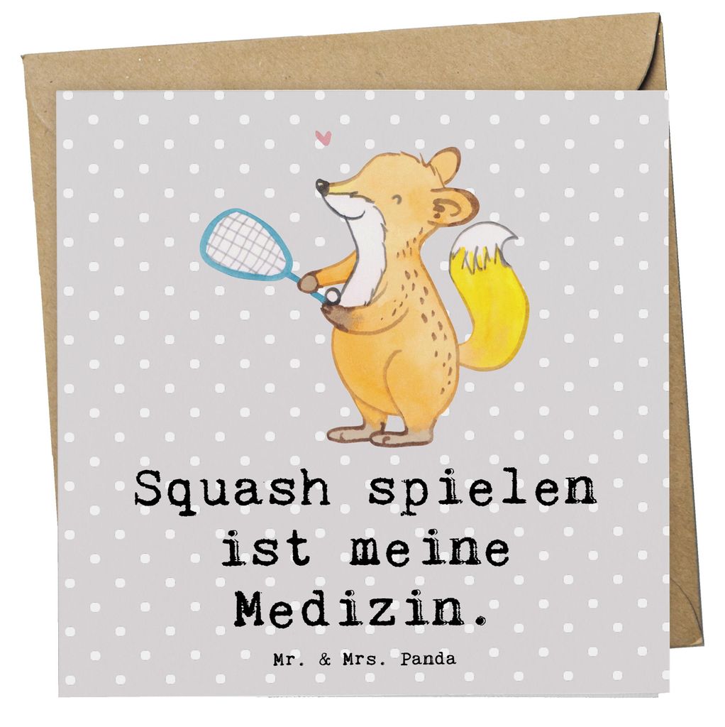 Mr. & Mrs. Panda Klappkarte Fuchs Squash spielen - Grau Pastell - Geschenk, Squashhalle, Grußkarte, anlasskarte, Glückwunschkarte, doppelkarte, f...