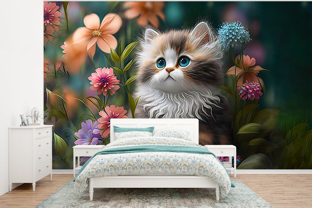 MuchoWow Fototapete für Wohnzimmer oder Schlafzimmer Wandtapete Vinyl Motivtapete Kätzchen - Illustration - Blumen - Natur - Katze - 400x300 cm...