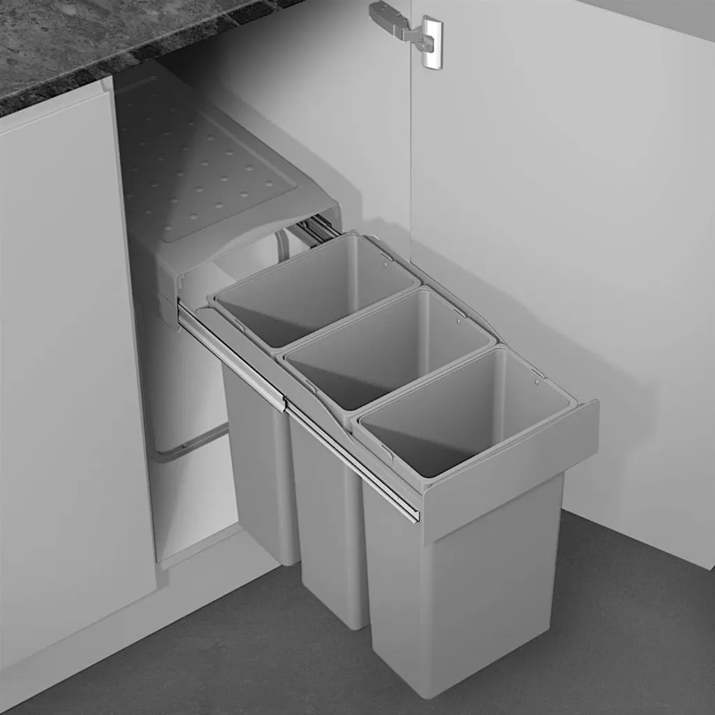 Solution Tri Sélectif Victory 30L : Poubelle Compacte 3 Bacs Grise