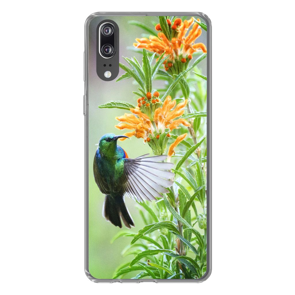 MuchoWow Handyhülle Schutzhülle Hülle für Huawei P20 Nahaufnahme eines bunten Vogels neben Pflanzen mit orangefarbenen Blüten Silikon Softca...