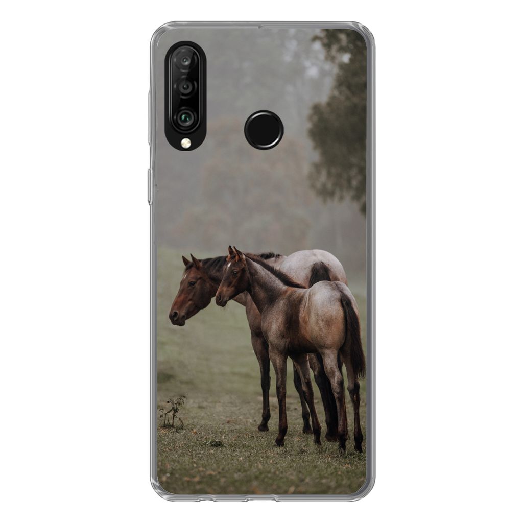 MuchoWow Handyhülle Schutzhülle Hülle für Huawei P30 Lite Pferde - Natur - Nebel Silikon Softcase Handy Hülle - Handyhülle