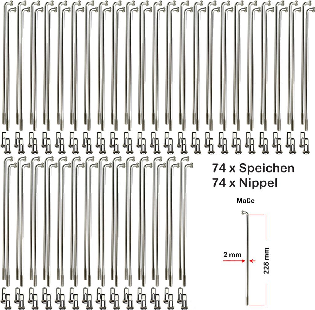 74 Stück Speichen 228mm Spokes silber NIROSTA 2mm inkl. Messing Speichennippel