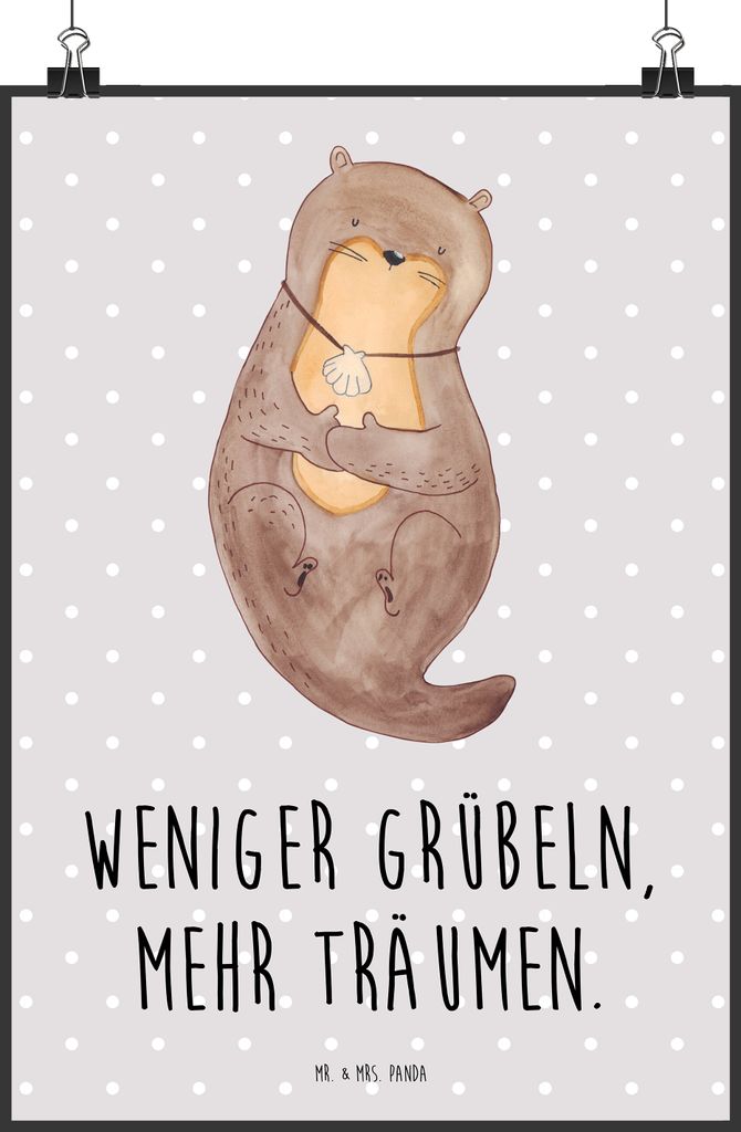 Mr. & Mrs. Panda Bild Otter Muschel DIN A2 - Grau Pastell - Geschenk, Wandbild, kunstdruck poster, Plakat, Träumen, drucke, Optimistisch, wanddeko...