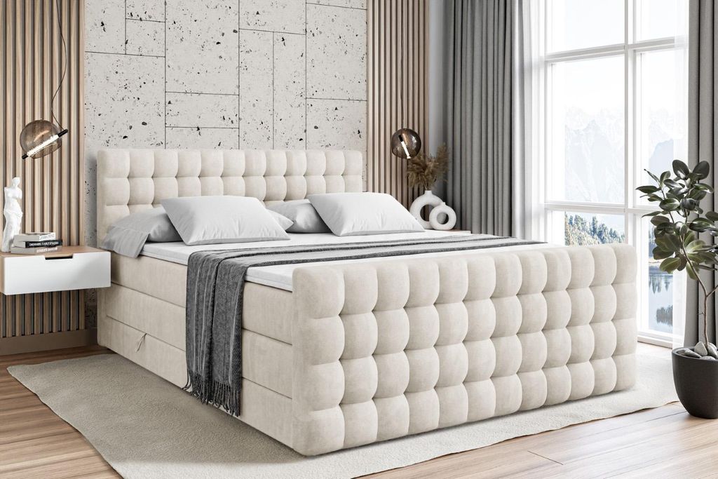 ALTDECOR Boxspringbett mit Matratze und Lattenrost - VIONE -Z KING - 120x200 cm - Beige Samt - Topper, Fußteil, Polsterbett mit Bettkasten, Bett m...