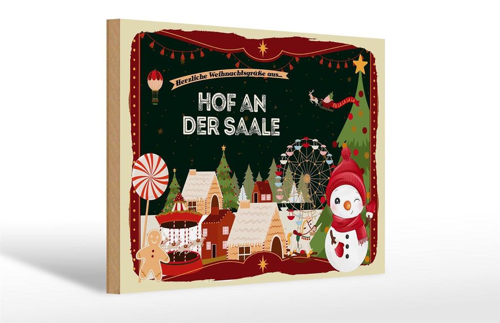 Holzschild Weihnachten Grüße HOF AN DER SAALE Fest 30x20cm Produktbild 