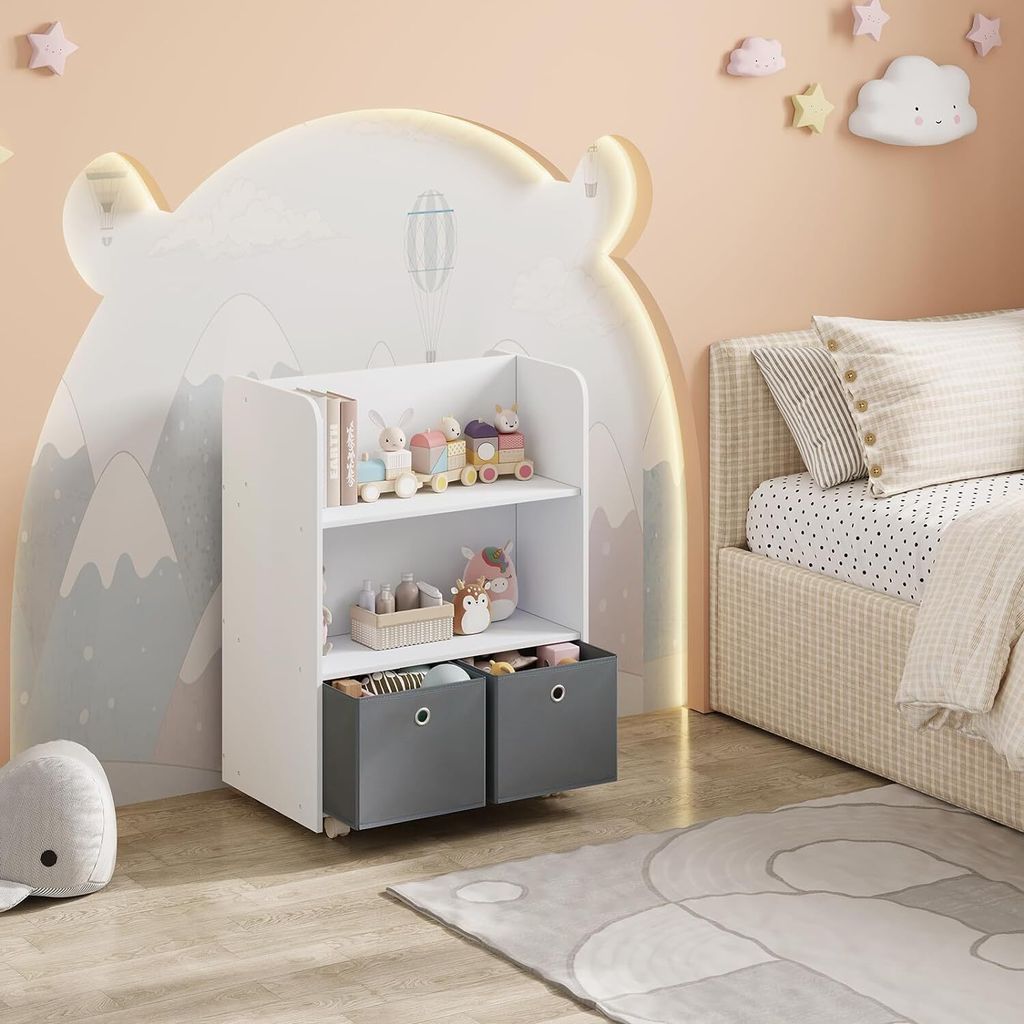 WOLTU Kinderregal beweglich, 2in1 Bücherregal, zweiseitiger Stauraum, Holz, weiß