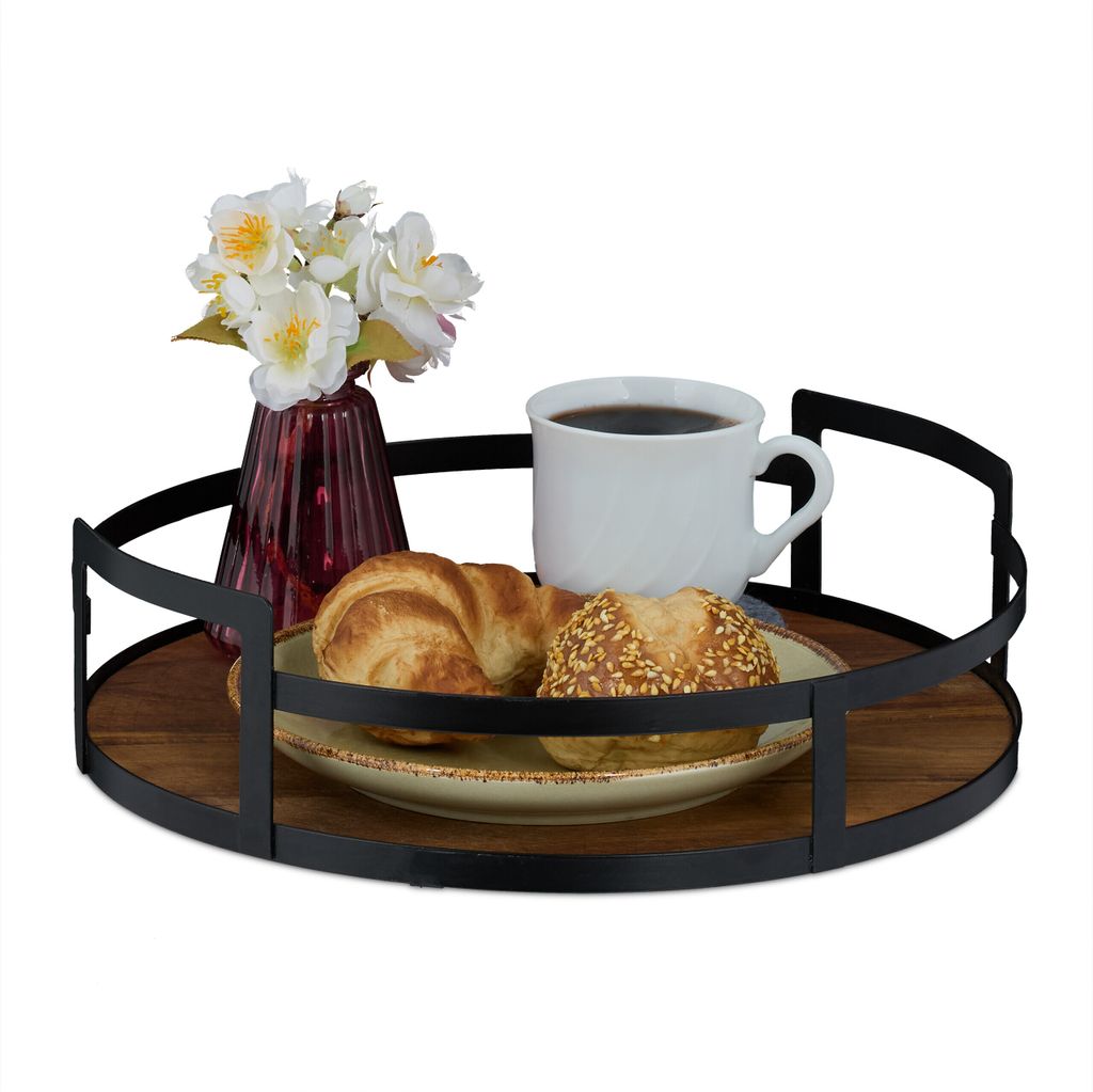 Relaxdays Tablett rund, Holz und Eisen, HxD 8,5x30,5 cm, Serviertablett, Griffe, hoher Rand, Dekotablett, braun/schwarz