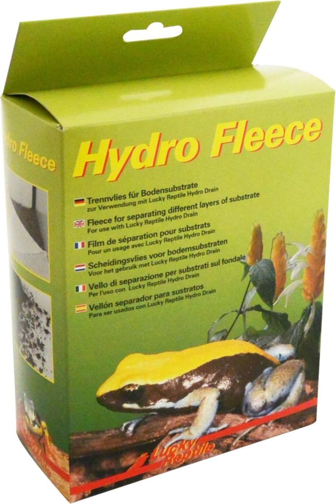 A product box for Lucky Reptile Hydro Fleece, featuring a frog and plant illustration.