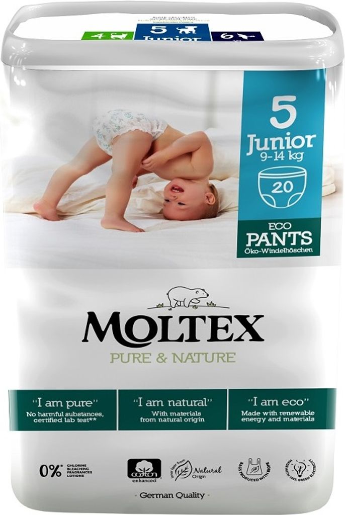 A package of Moltex Pure & Nature Junior diapers with a baby on the front.