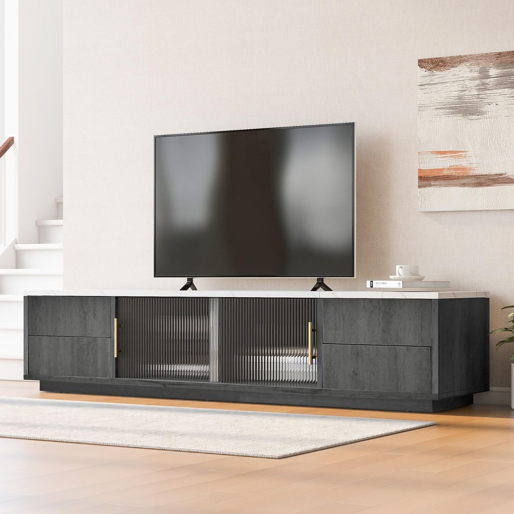 Okwish Luxus-TV-Schrank 160 x 40 x 44,5 cm, Tischplatte aus Marmor, Kabelmanagement-Gerät, Schublade mit Push-Funktion, geeignet für 70-Zoll-Fern...