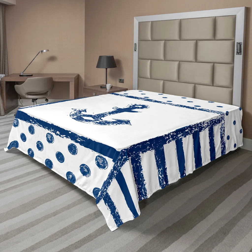 ABAKUHAUS Lenzuolo con ancora, silhouette di barca grunge con ancora, pois e strisce, tema navale retrò, lenzuolo morbido e confortevole per un letto decorativo, 1 pezzo, 260 cm x 228 cm, blu scuro e bianco