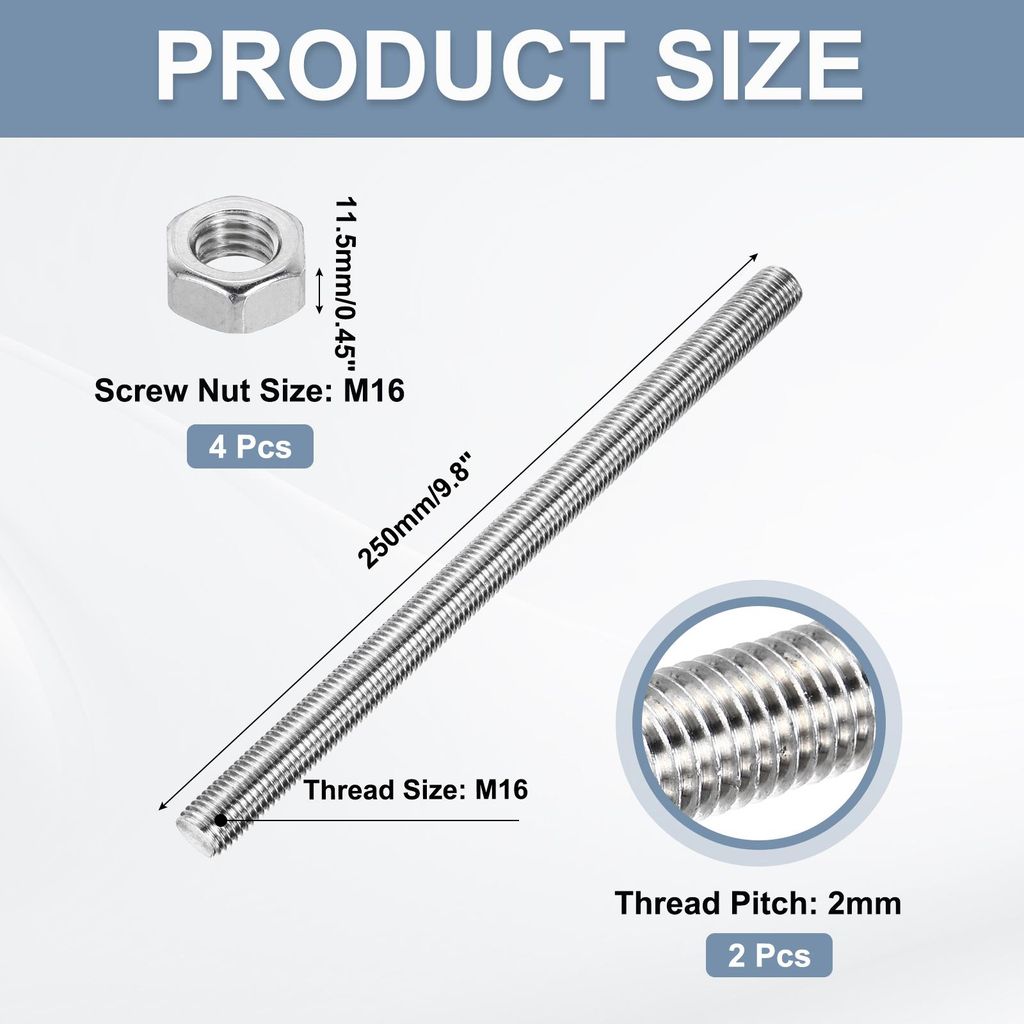2 Stš¹ck Gewindestange M16x250mm Gewindestab mit 4 Sechskantmutter, Edelstahl 304 Gewindestifte Vollgewindestange Au?engewinde Gewindebolzen fš...