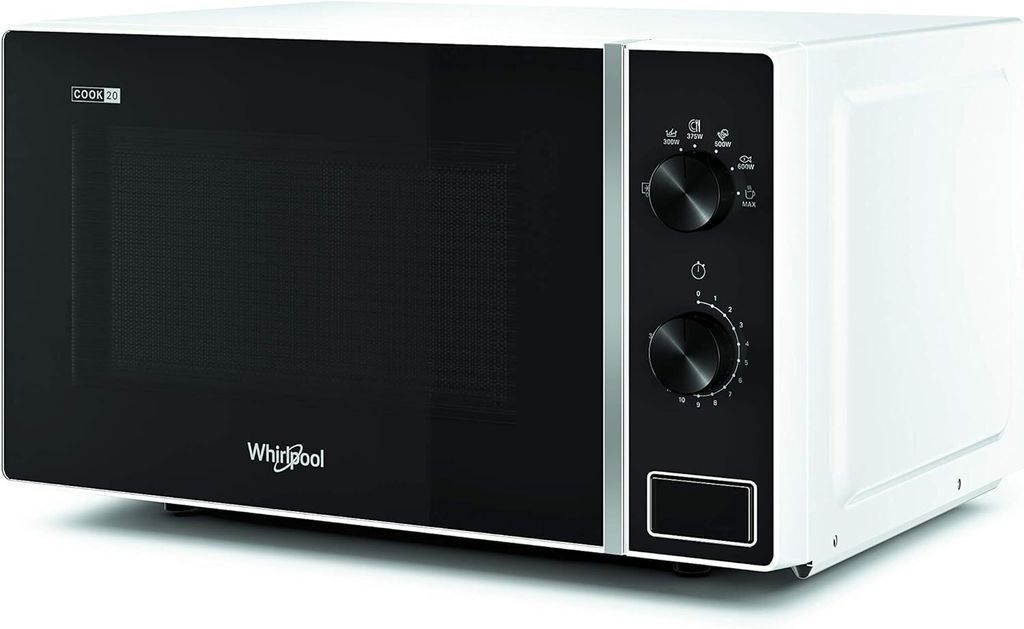A white Whirlpool microwave oven with a black door and control panel, shown from a slightly elevated front-left angle against a white background.