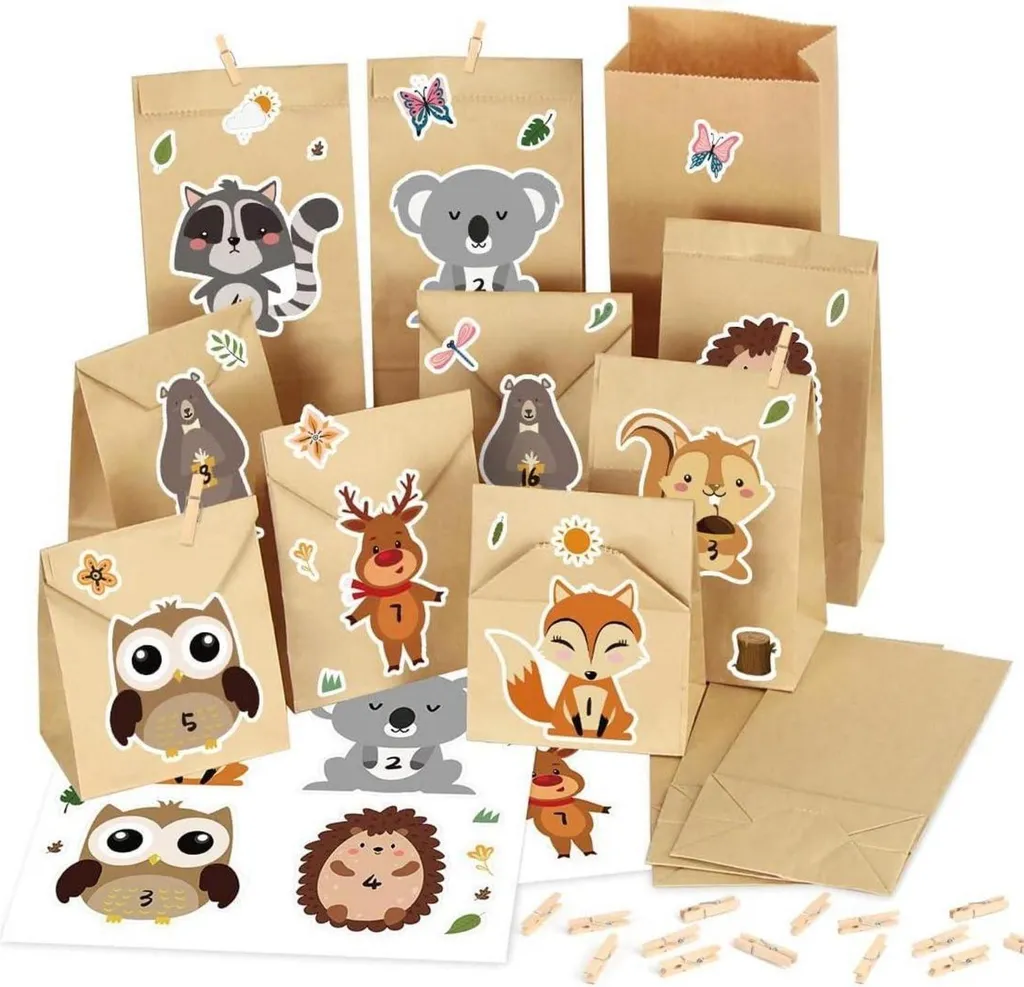 Calendrier Avent 24 sacs papier kraft Animaux de la forêt pour Enfant