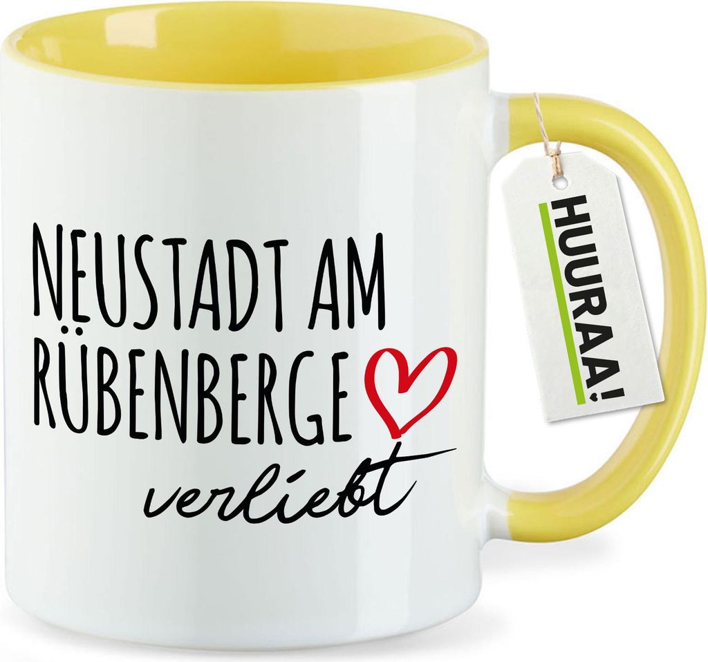 Huuraa Kaffeetasse Neustadt am Rübenberge verliebt 330ml Gelb Keramik Kaffeebecher Geschenkidee