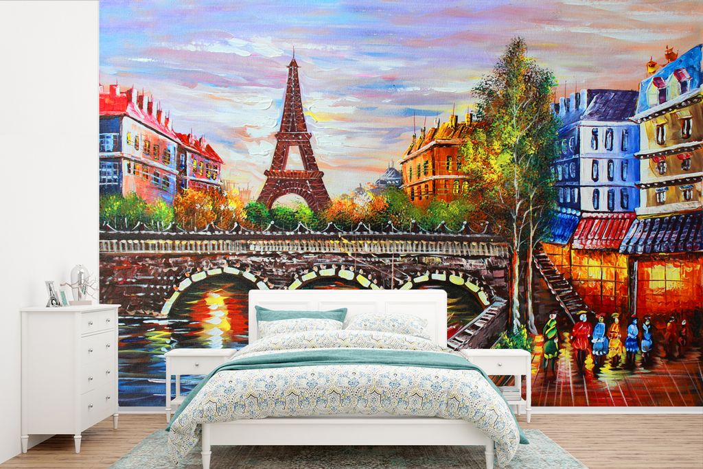 MuchoWow Fototapete für Wohnzimmer oder Schlafzimmer Wandtapete Vinyl Motivtapete Gemälde - Öl - Eiffelturm - Paris - Wasser - 450x300 cm - Ge...