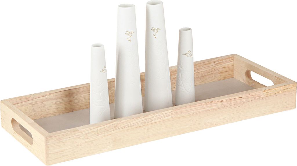 Deko Tablett Holz Minivasen Keramik Weiß Gold Set