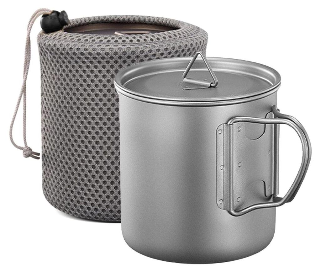 Ultraleichter Titan Campingbecher 600ml, spülmaschinenfest, faltbarer Griff, robust & korrosionsbeständig, Outdoor & Wandern