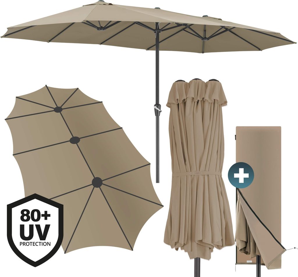 A collection of images showing a large taupe patio umbrella in various states: fully open, partially folded, and with a protective cover. The open umbrella is shown from a slightly elevated, angled perspective. A separate image displays the umbrella fabric
