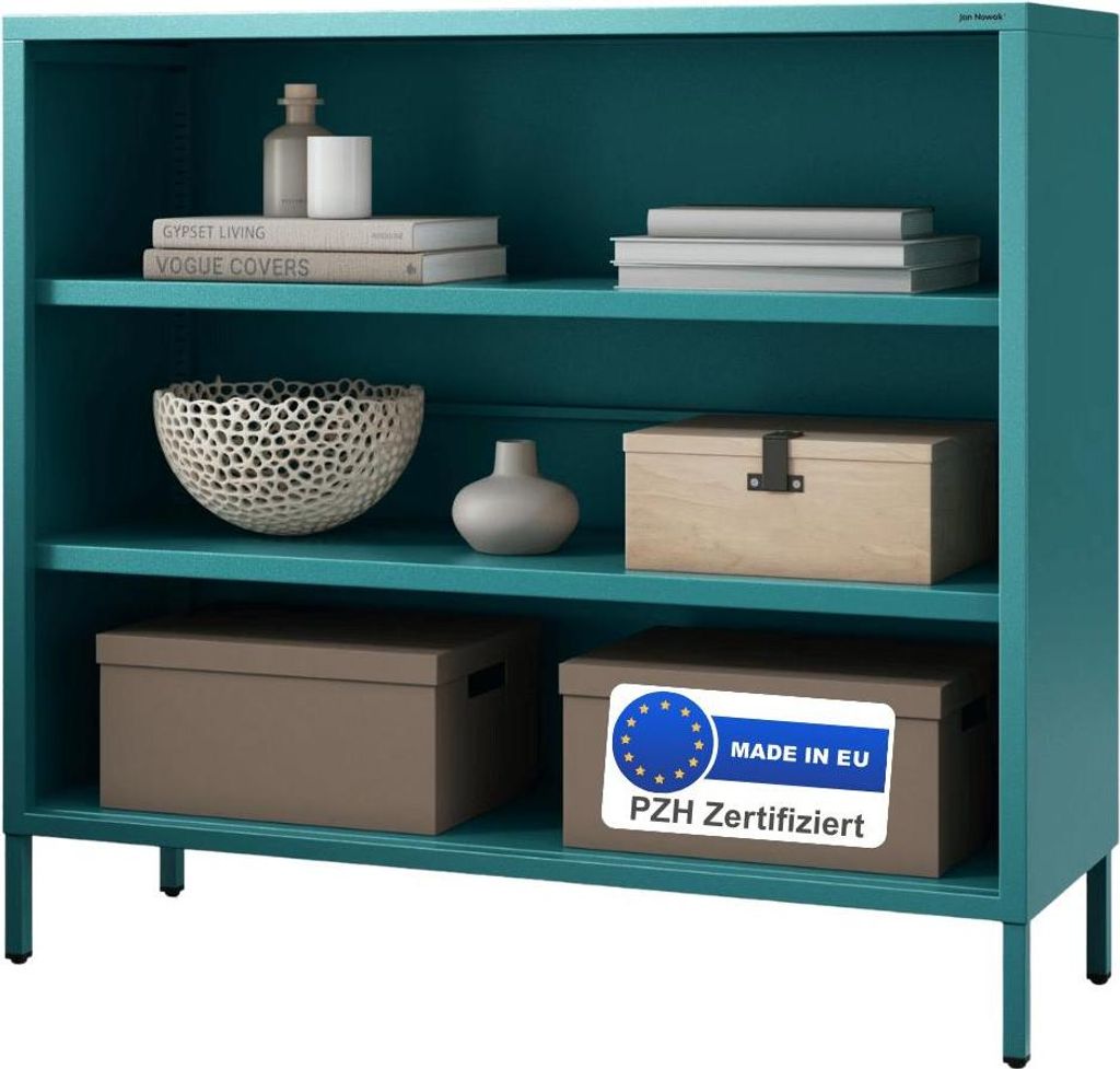 Metall Kommode offen WORF - 4 Ebenen, Industrie-Design | Metallregal klein Standregal Stahl Büro Wohnzimmer Arbeitszimmer, 90x100x35cm Türkis