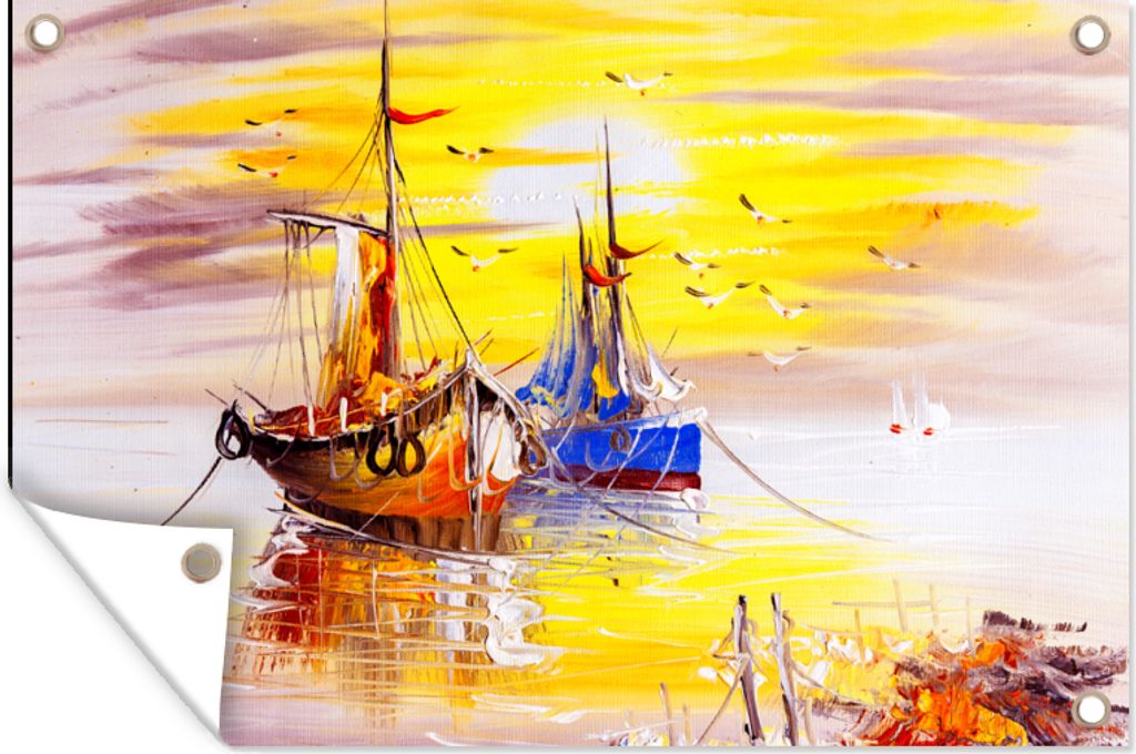 MuchoWow 120x80 cm Outdoor-Poster Gartendeko Sichtschutz Garten Poster für den Garten Malerei - Boot - Wasser - Ölfarbe