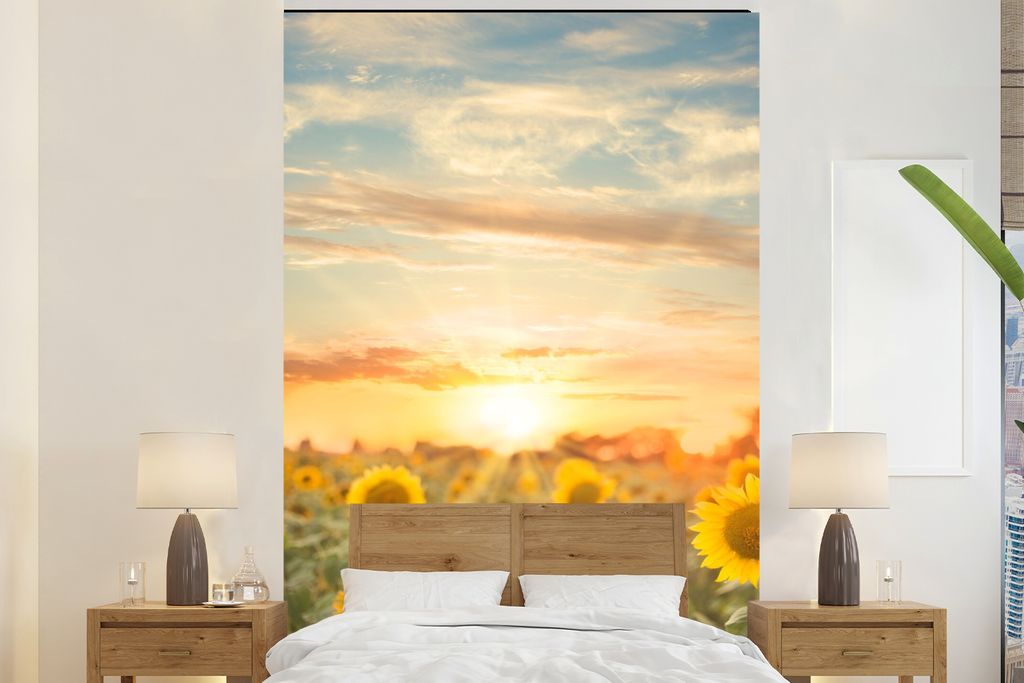 MuchoWow Fototapete für Wohnzimmer oder Schlafzimmer Wandtapete Vinyl Motivtapete Sonnenblume - Sonne - Blumen - 160x240 cm - Vinyltapete