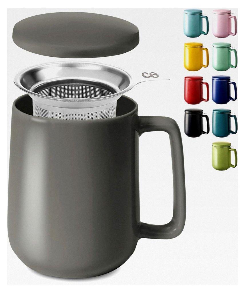 Teetasse mit Sieb und Deckel - Keramik Anthrazit - Hält lange warm - 500ml - Spülmaschinenfest