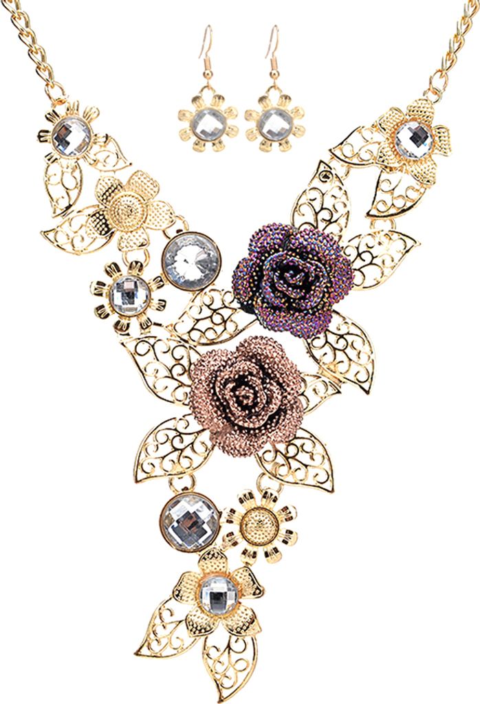 Damen-Schmuckset mit Strass-Intarsien, hohles Blatt, Blumen-Anhänger, Ohrringe, Halskette