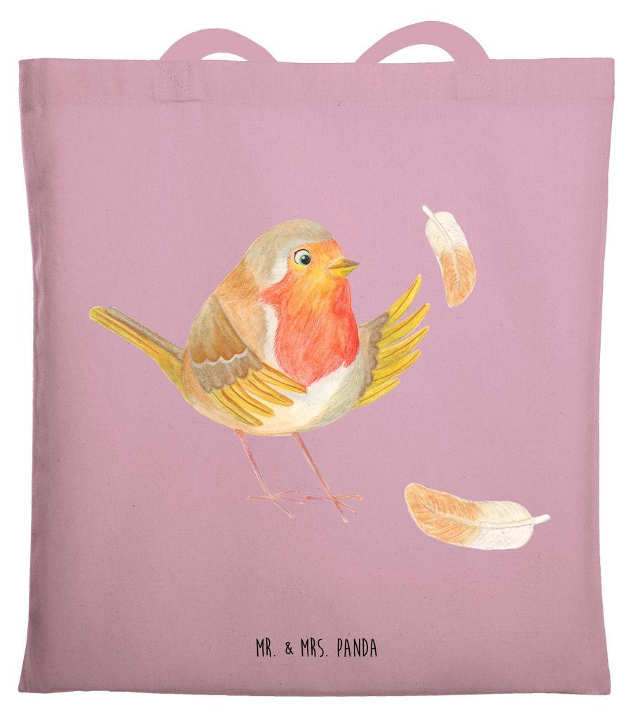 Mr. & Mrs. Panda Stoffbeutel Rotkehlchen Federn - Rosa Pastell - Geschenk, Tasche, fliegen, Vogel, Jutebeutel, Tragetasche, Spruch Mut, Motivation ...