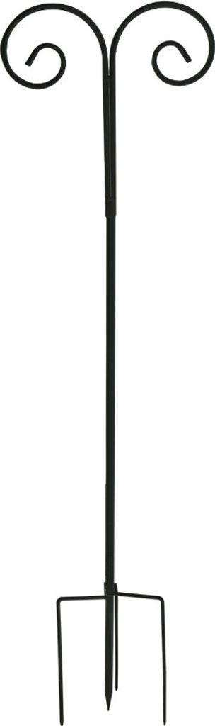 A black metal garden hook stand with a three-pronged base and two curved hooks at the top.