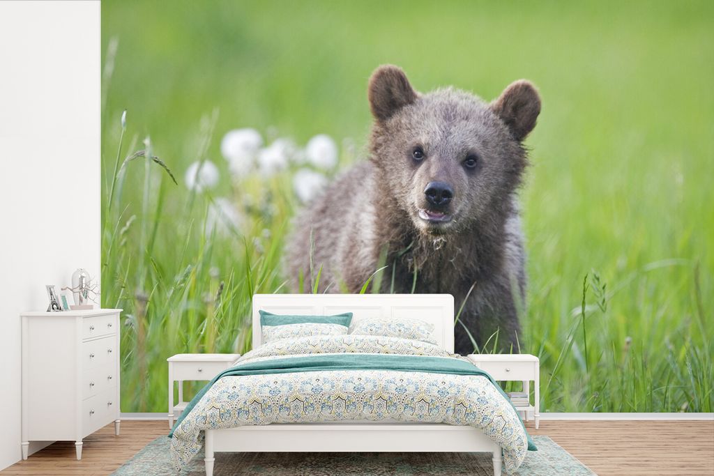 MuchoWow Fototapete für Wohnzimmer oder Schlafzimmer Wandtapete Vinyl Motivtapete Lachender Braunbär - Jungen - Mädchen - Kinder - Kind - 360x...