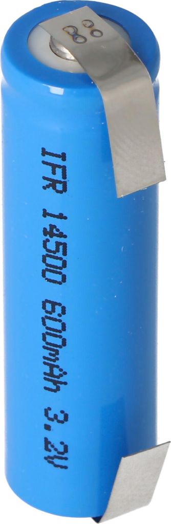3,2 Volt Solar Akku Lithium IFR 14500 AA 600mAh LiFePo4 Akku mit Kopf ungeschützt 14,2 x 50,6mm, mit Lötfahnen in U-Form