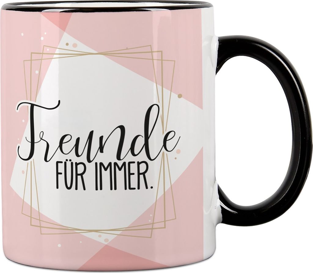 Tasse für Freunde mit Aufdruck "Freunde für immer" - Freundschaftstasse aus Keramik mit schwarzem Henkel & Rand