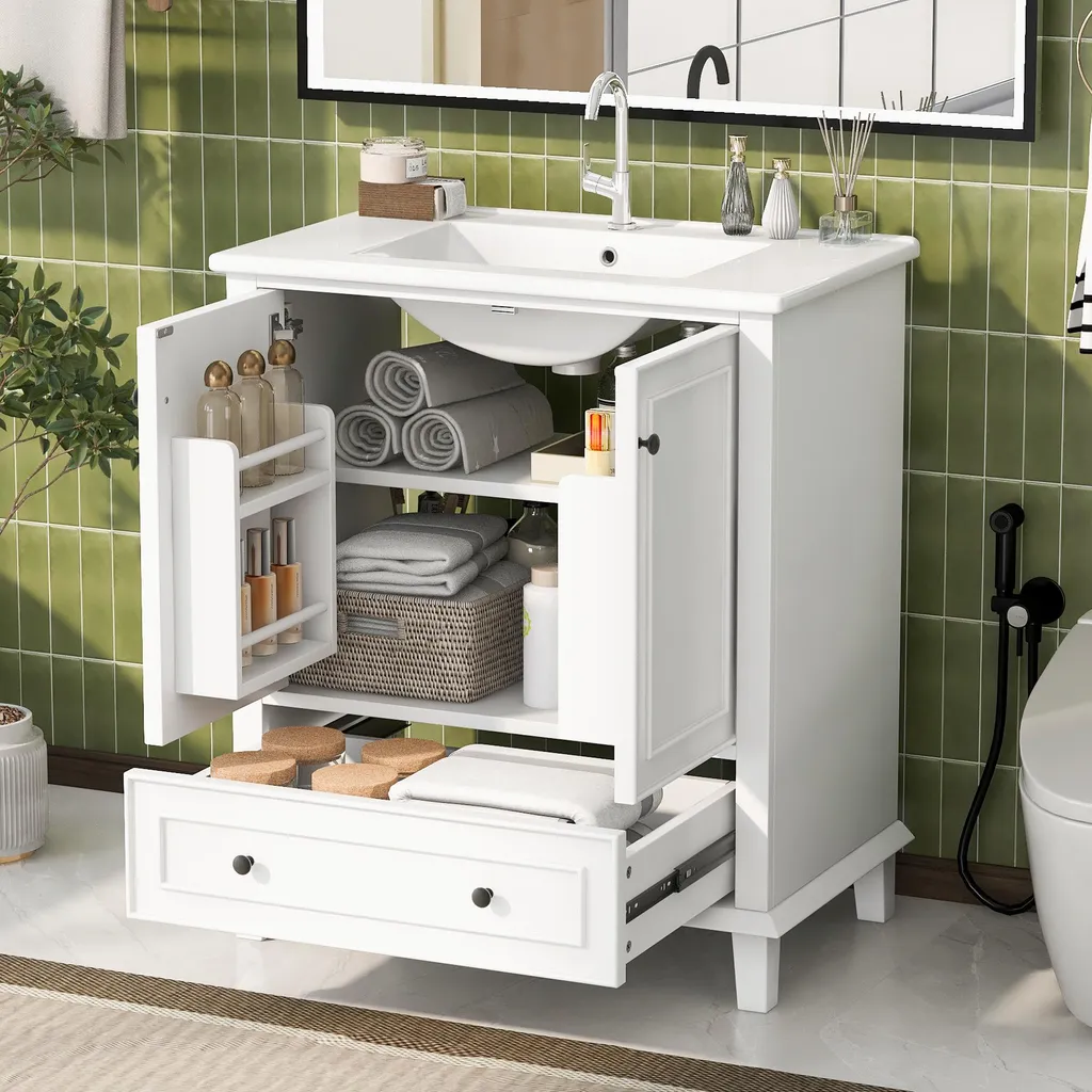Meuble de bain résistant à l'eau 76cm avec rangement et pieds bois massif