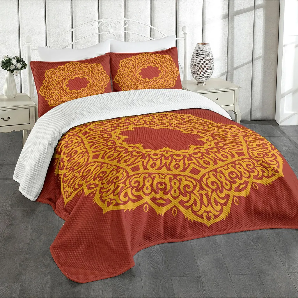 Set copriletto ABAKUHAUS Mandala, dipinti aztechi elaborati, influenze etniche indigene hippie arcaiche, 264 x 220 cm, giallo scuro e paprika