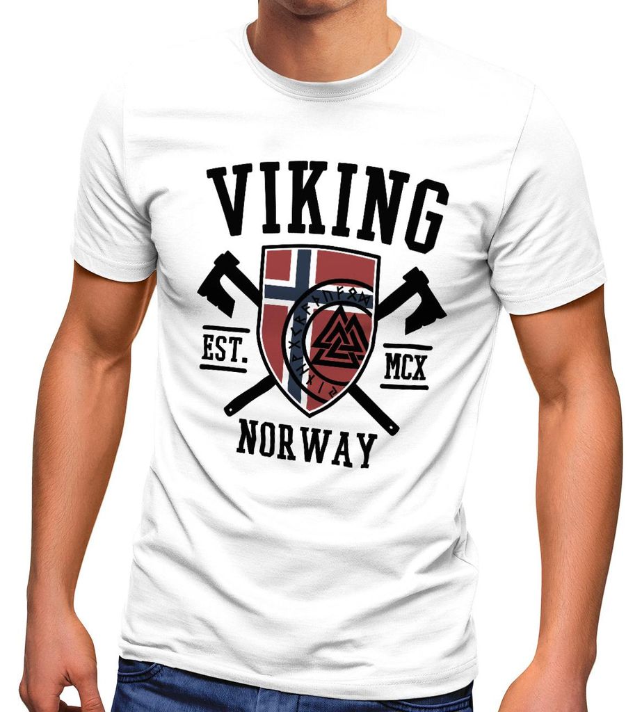 Herren T-Shirt Viking Norway Norwegen Flagge Wikinger nordisch Fashion Streetstyle Neverless weiß XS