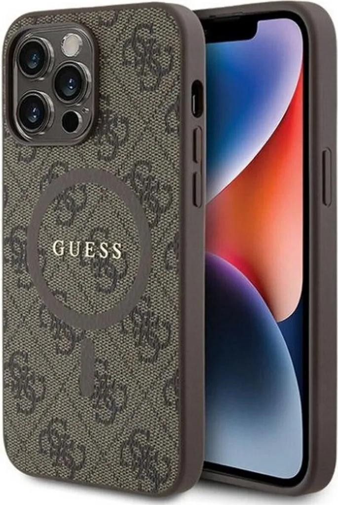 Guess Custodia iPhone 14 Pro MagSafe 4G Collection Marrone Logo Metallo