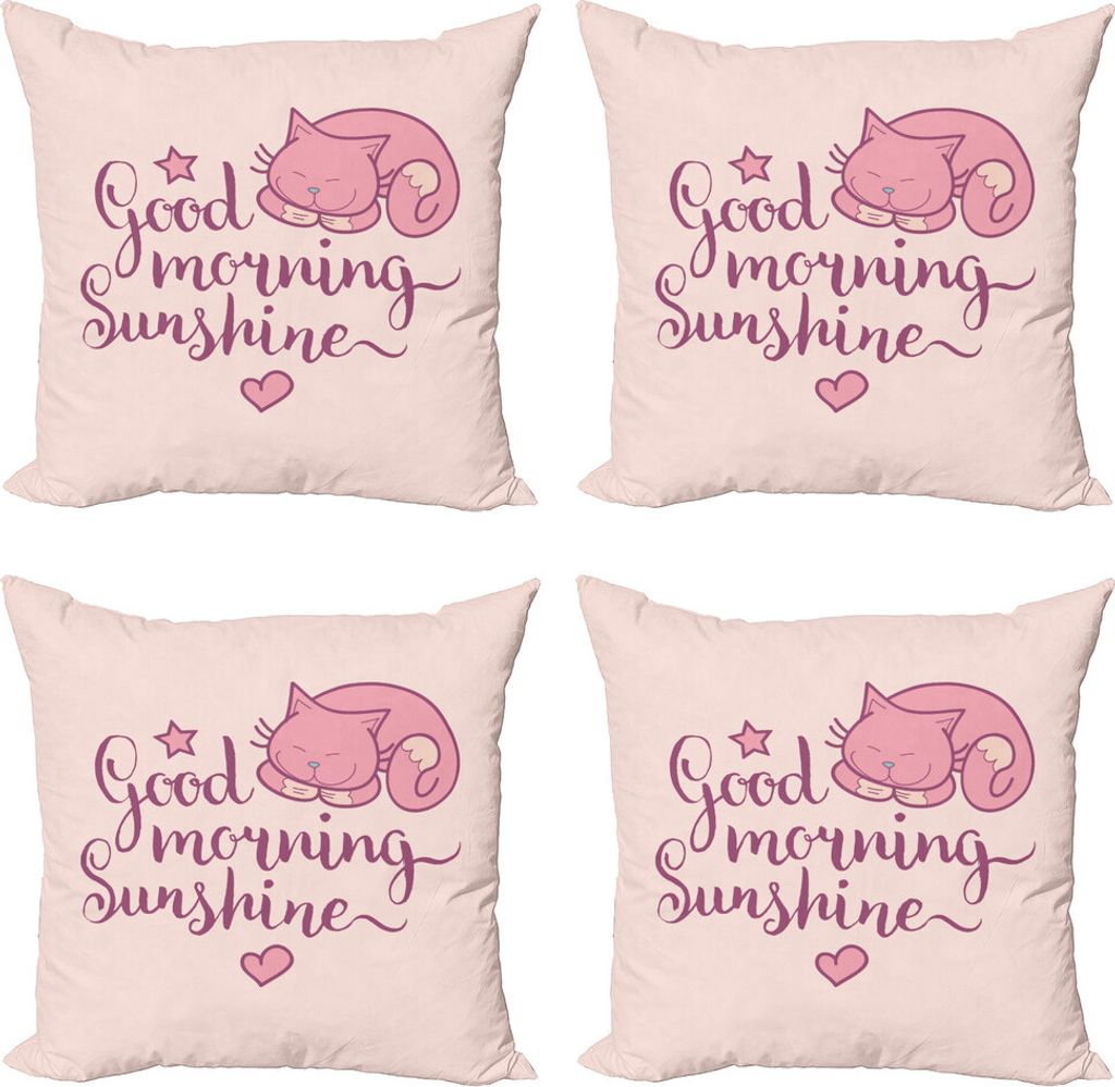 ABAKUHAUS Sprichwort Kissenbezug Set (4 Stück), Schlafen Rosa Katze und Text, Moderner Doppelseitiger Digitaldruck, 45 cm x 45 cm, Pfirsich Violett