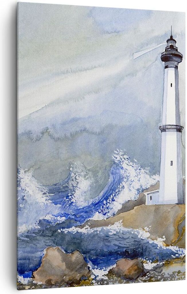 Bild auf Leinwand - Leinwandbild - Einteilig - Leuchtturm Wasser Illustration Welle - 80x120cm - Wand Bild - Wandbilder - Leinwanddruck - Wanddekor...