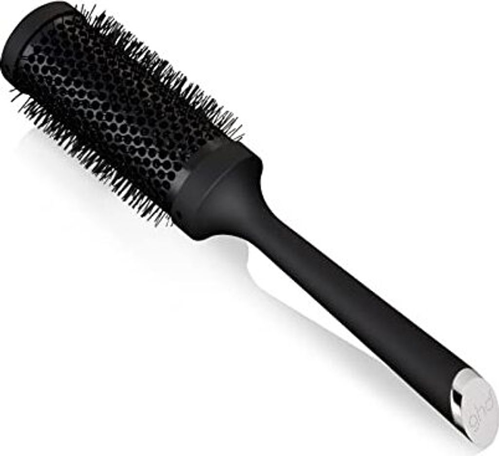 A studio shot of a black radial hairbrush against a white background.