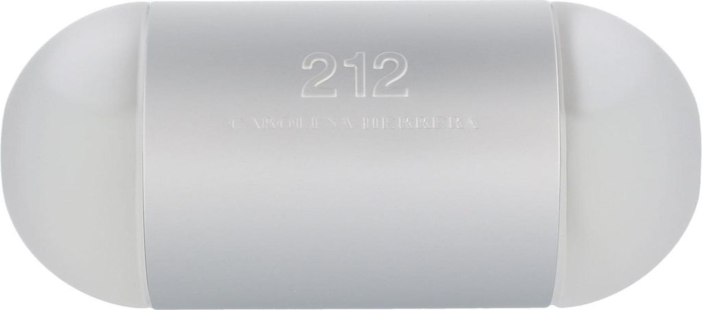 A product shot of a silver and white cylindrical perfume bottle.