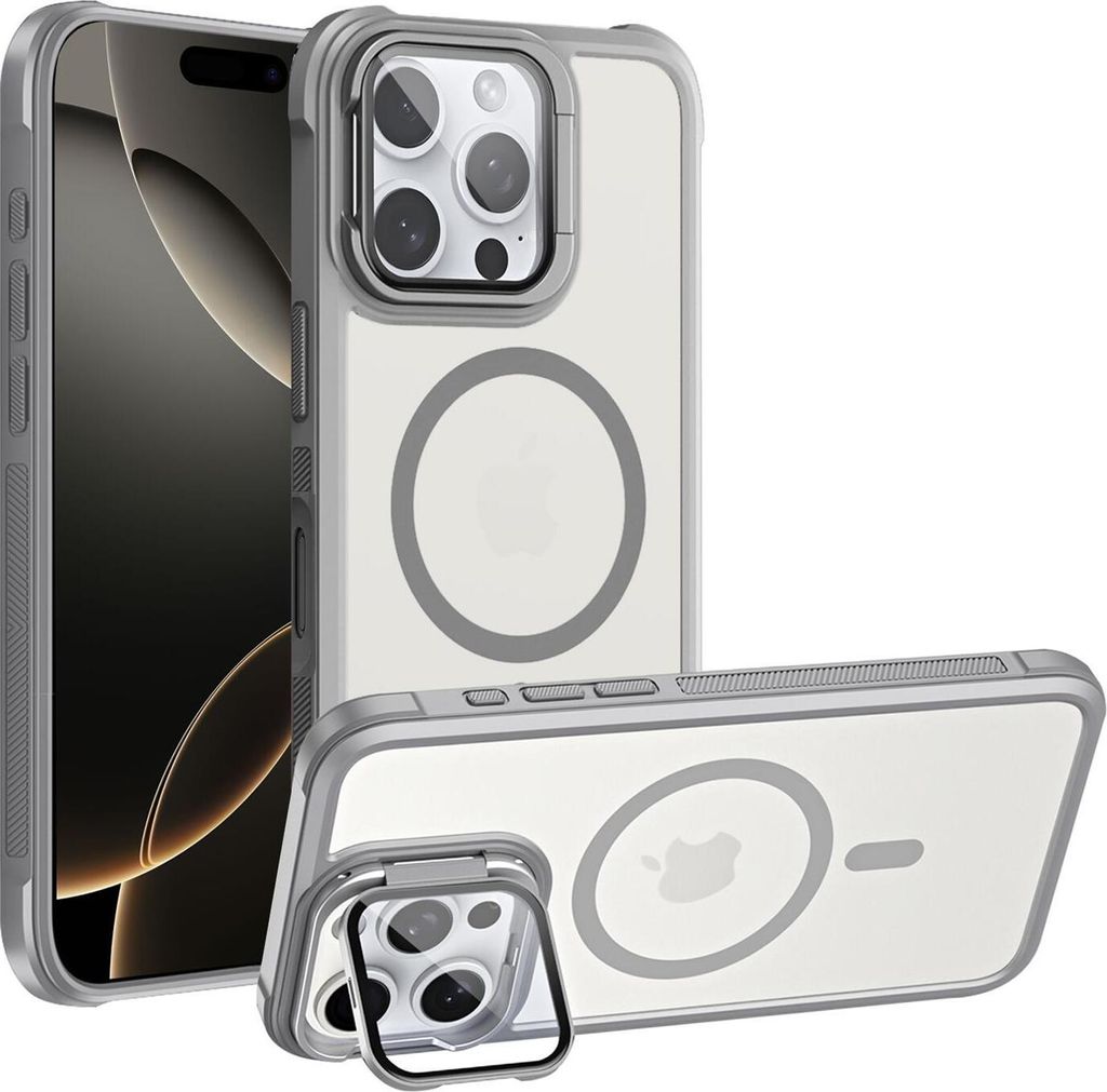 Conie MagSafe Schutzhülle für iPhone 16 Pro Max Hard Case Kunststoff Kamera Schutz Cover Hülle magnetisch mit Ständer in Grau