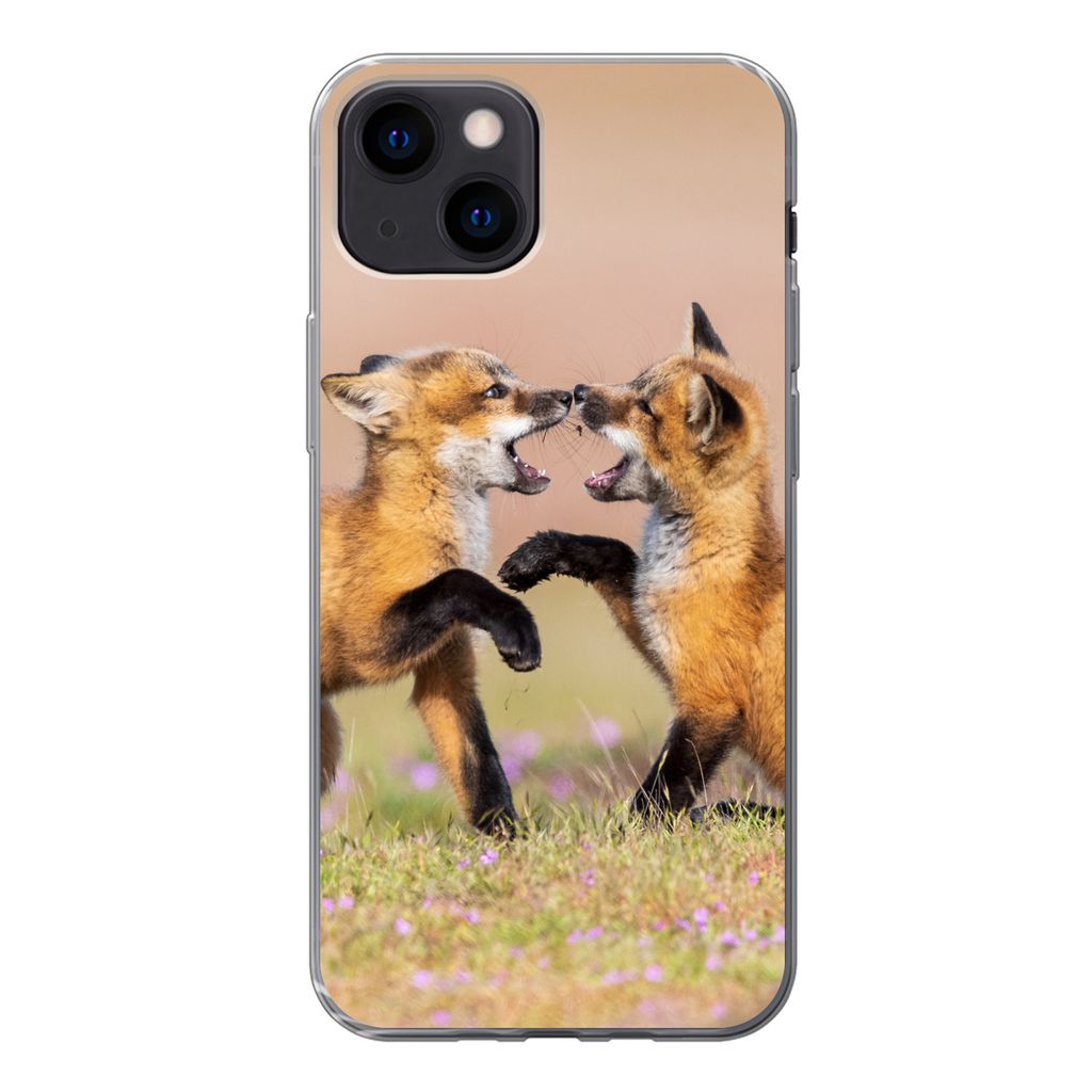 MuchoWow Handyhülle Schutzhülle Hülle für iPhone 13 mini Füchse - Blumen - Porträt Silikon Softcase Handy Hülle - Softcase