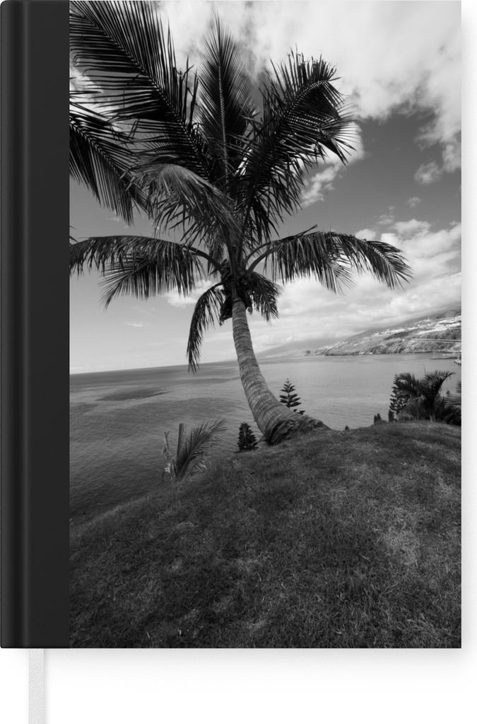 MuchoWow Notizbuch Tagebuch Haushaltsbuch Notebook A5 Gekrümmte Palme an der Küste von Teneriffa - Schwarz und weiß - Notizblock - Notizheft -...