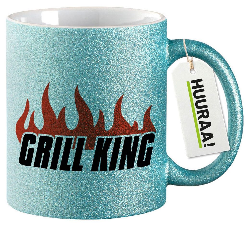 Huuraa Glitzertasse Grill King Flammen 330ml Blau Keramik Kaffeebecher Geschenkidee