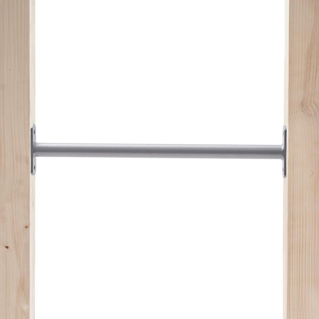 A metal bar is mounted between two wooden posts.