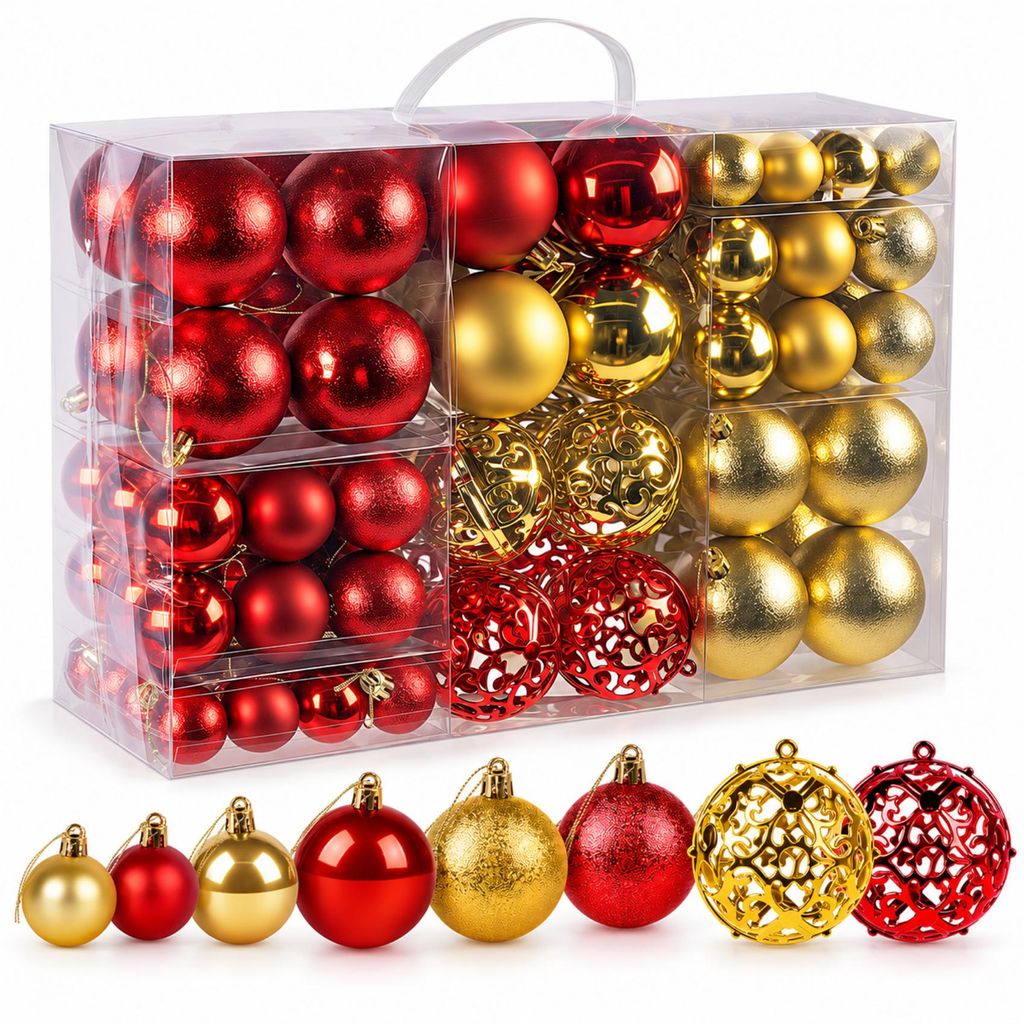 Weihnachtskugeln Rot Gold Kunststoff 100er Set, Produktbild 